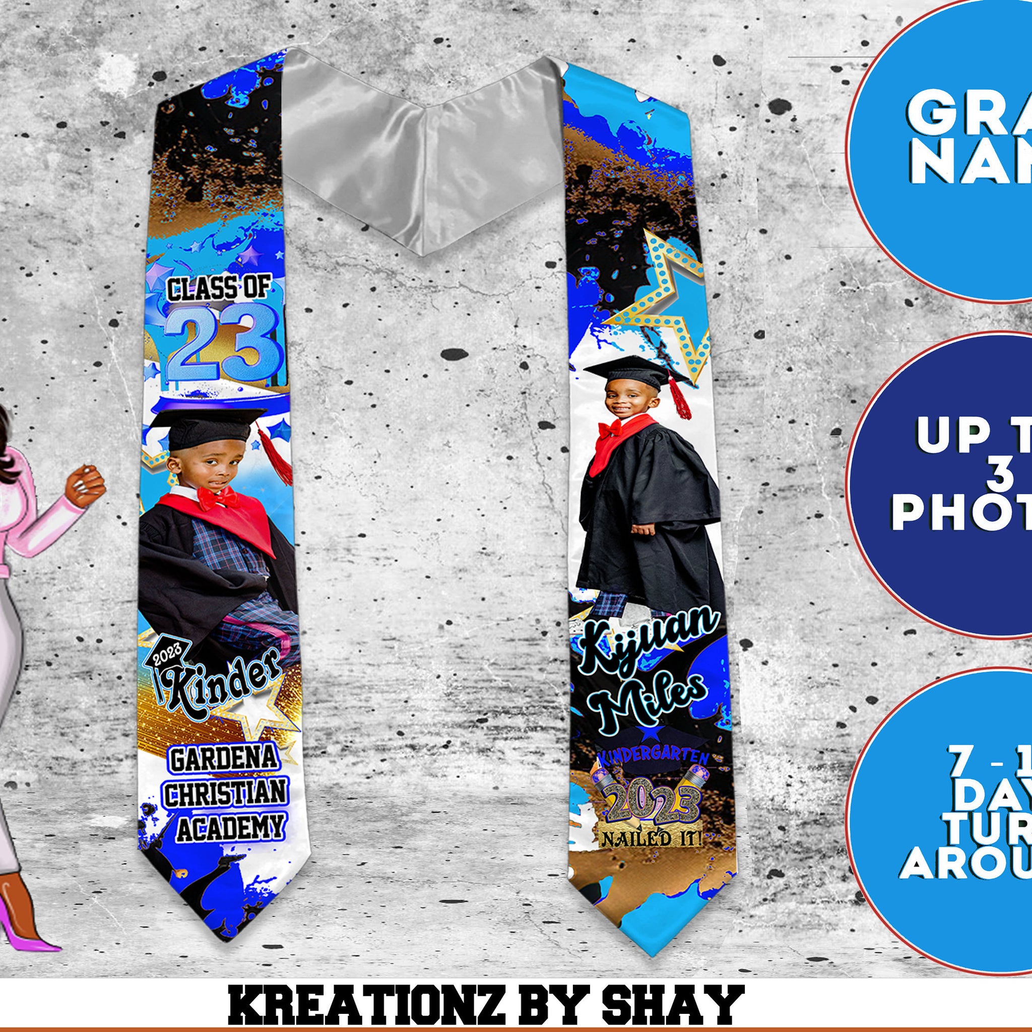 Graduation Stole Blue & Black Kinder Splash