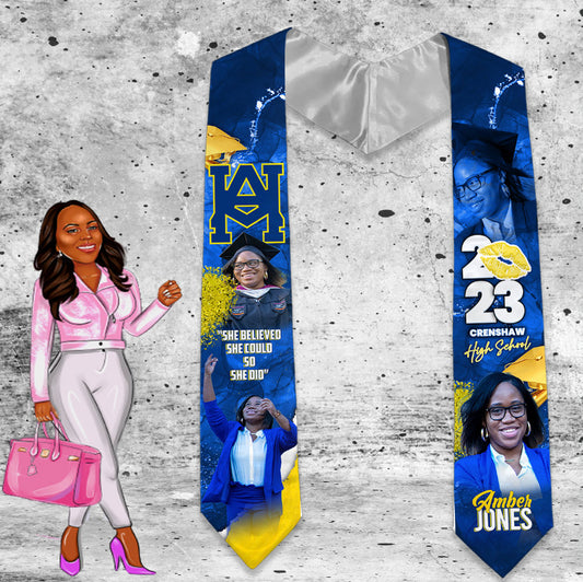 Graduation Stole Blue n Yellow Kisses