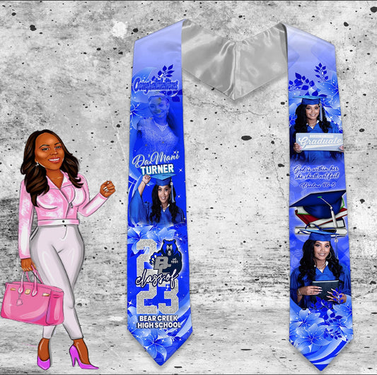 Graduation Stole Blue Flowers