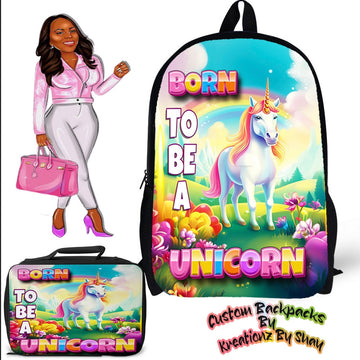 Personalized Born To Be a Unicorn Backpack and Lunch Bag Set - Custom Backpack for Kids -Book Bag