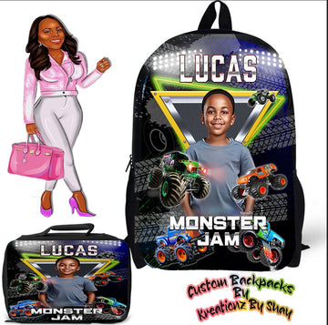 Personalized Monster Jam Backpack and Lunch Bag Set - Custom Backpack for Kids -Book Bag