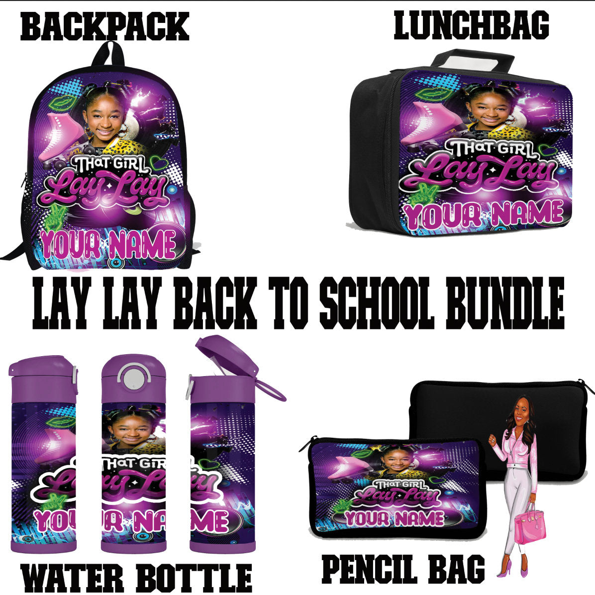 Laaaay Laaaaay Back To School Bundle; Backpack; Lunch Box; Pencil Case: Water Bottle