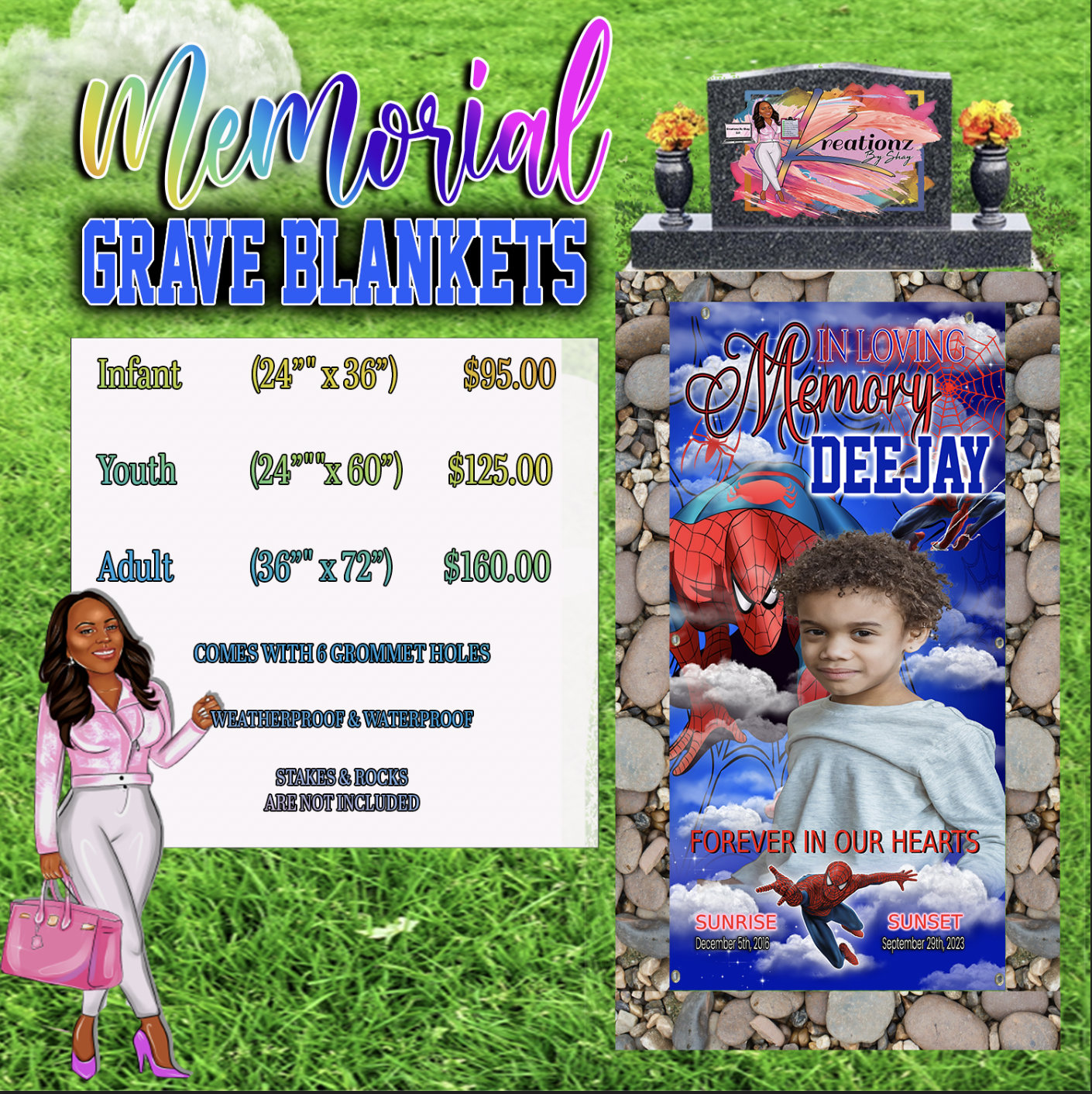 Spidey Memorial Grave Blanket, Grave Marker, Home Going, Memorial Keepsakes, Custom Grave Blanket